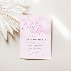 On Cloud Nine Bridal Shower Invitation, Instant Download, Cloud Bridal Shower Theme Printable Template, Pink Wedding Shower Invitation LLP53