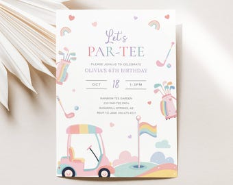 Let’s Par-Tee Pink Golf Kids Party, Pink Golf Theme Birthday Party Invitation, Digital Girls Golf Party Invite Editable Templatee, LLP260