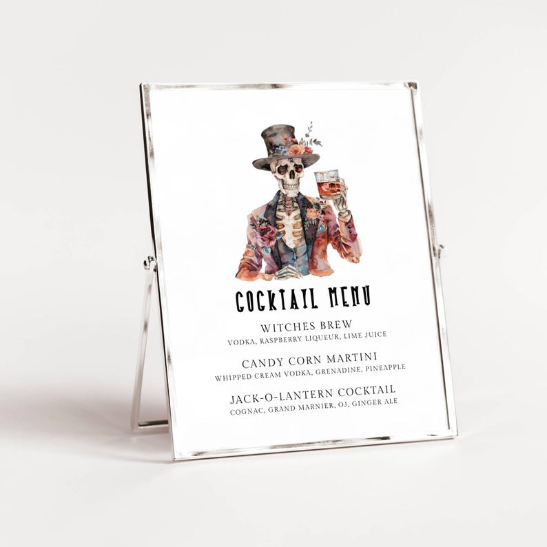 Halloween Drink Menu Sign Template. Skeleton Wearing Tuxedo and Top Hat drinking bourbon. Black Fonts. White Background. 5x7, 8x10