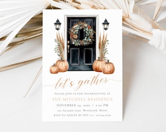 Let's Gather Thanksgiving Invite Template, Cottagecore Invite Thanksgiving Digital, Pumpkins Thanksgiving Dinner Invite Fall Holiday, LLP146