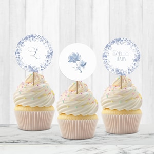Toile Cupcake Topper, Chinoiserie Cupcake Topper, Toile De Jouy bearbeitbare Cupcake Vorlage, Französisch Blau Baby Shower Decor Printable, LLP108