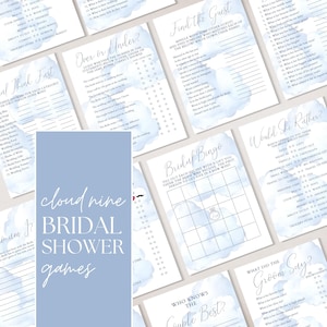 May include: A set of printable bridal shower games with a blue watercolor background. The games include "Think Fast", "Over or Under", "Find the Guest", "Bridal Bingo", "Would She Rather", "Who Knows the Couple Best", and "What Did the Groom Say?"