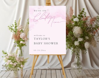 On Cloud Nine Baby Shower Welcome Sign, Pink Baby Shower Welcome Sign Template, We're On Cloud 9 Baby Shower Sign Instant Download, LLP77