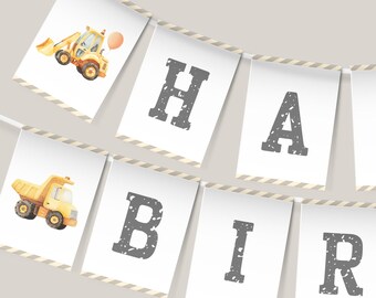 May include: A banner with white rectangular flags strung together with a white ribbon. The flags display the words "HAPPY BIRTHDAY" in gray letters. Some flags have watercolor illustrations of construction vehicles, including a yellow excavator and a yellow dump truck.