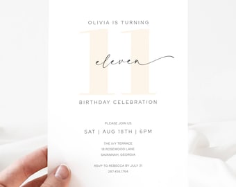 Eleven Birthday Invite Editable Digital Template, 11th Birthday Invite Minimal, Tween Birthday Party Invite 11, Peach 11th Birthday, LLP191