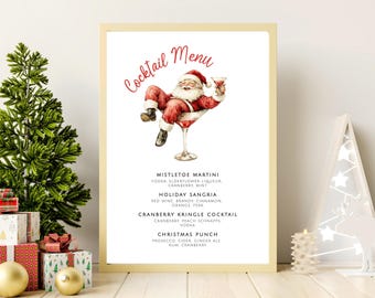 Christmas Cocktail Menu Sign Template, Holiday Party Bar Printable, Cocktail Bar Xmas, Christmas Party Martini Drink Spirits Santa, LLP149