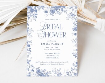 Toile Bridal Shower Invitation Something Blue Before I Do Template, French Blue Toile Bridal Shower Invitation Editable, Blue Toile, LLP108
