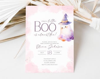 A Little Boo Is Almost Due Baby Shower Invitation, Editable Halloween Template Cute Ghost, Little Boo Baby Shower Pink Digital, LLP130