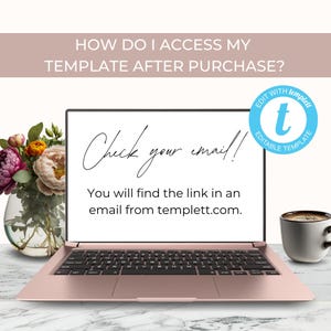 a laptop with a floral arrangement on a desk, along with a cup of coffee. The laptop screen displays a message asking the viewer to check their email, and there is a logo for a template service.