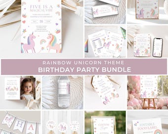 Unicorn Birthday Party Bundle: Rainbow Printable Invitations, Editable Signs, Favor Tags, Decorations, Digital Unicorn Templates, LLP250