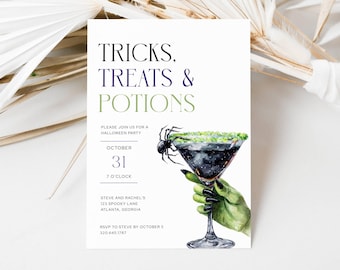 Adult Halloween Party Invitation, Tricks, Treats & Potions, Witch Martini Theme, Cocktail Party Editable Digital Template, LLP251