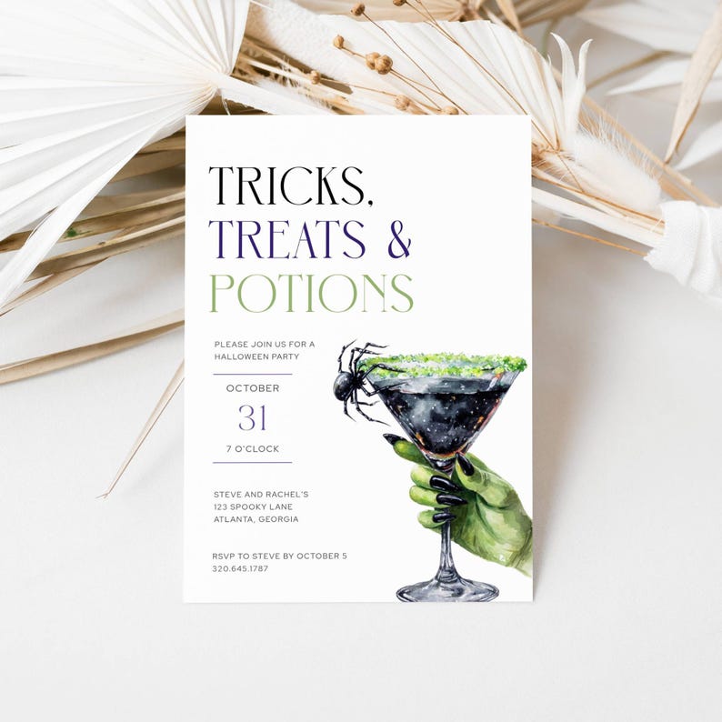 Halloween Party Invitation. Green Witch Hand Holding Martini with Spider on Rim. Black, Purple and Green Fonts. White Background. Print or Send Digitally. 5x7