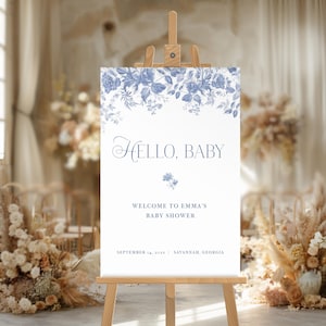 Blue Toile Baby Shower Welcome Sign, French Toile Blue Baby Shower Sign, Toile De Jouy Chinoiserie Blue Boy Baby Shower, Dusty Blue, LLP108