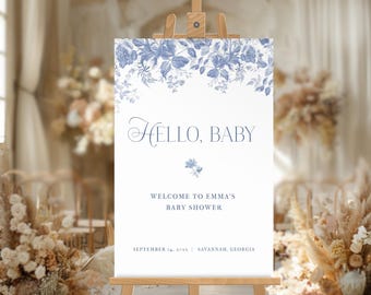 Blue Toile Baby Shower Welcome Sign, French Toile Blue Baby Shower Sign, Toile De Jouy Chinoiserie Blue Boy Baby Shower, Dusty Blue, LLP108