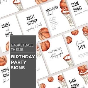 May include: A collection of basketball-themed birthday party signs. The signs feature basketballs, hoops, and text like "Cards and Gifts," "Sweet Victory," and "Concession Stand." The signs are white with black and orange accents.