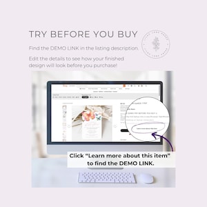May include: A computer screen displaying an Etsy listing for a digital download. The listing is for a printable wedding invitation with a watercolor butterfly design. The text on the screen says "DEMO-TRY BEFORE YOU BUY" and "Learn more about this item".