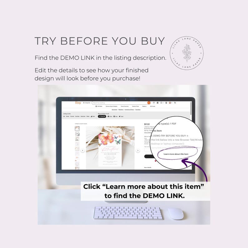 May include: A computer screen displaying an Etsy listing for a digital download. The listing is for a printable wedding invitation with a watercolor butterfly design. The text on the screen says "DEMO-TRY BEFORE YOU BUY" and "Learn more about this item".