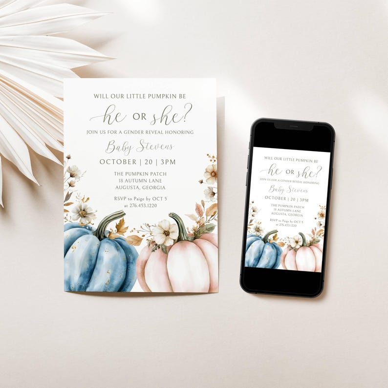 Little Pumpkin Gender Reveal Invite Template, Pumpkin Gender Reveal Digital, Boy or Girl, He or ...