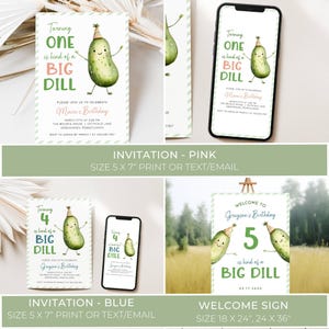 Dill Pickle Theme Birthday Template Bundle. Invitation, Name Game, Thank You Card, Chocolate Bar Wrapper, Water Bottle Label, Welcome Sign, Photo Thank You Card, Banner, Food Label, Cupcake Topper, Custom Sign, Favor Tag. Watercolor Pickles in Party Hats. Green Display and Script Fonts. White Background. Editable Printable Templates.