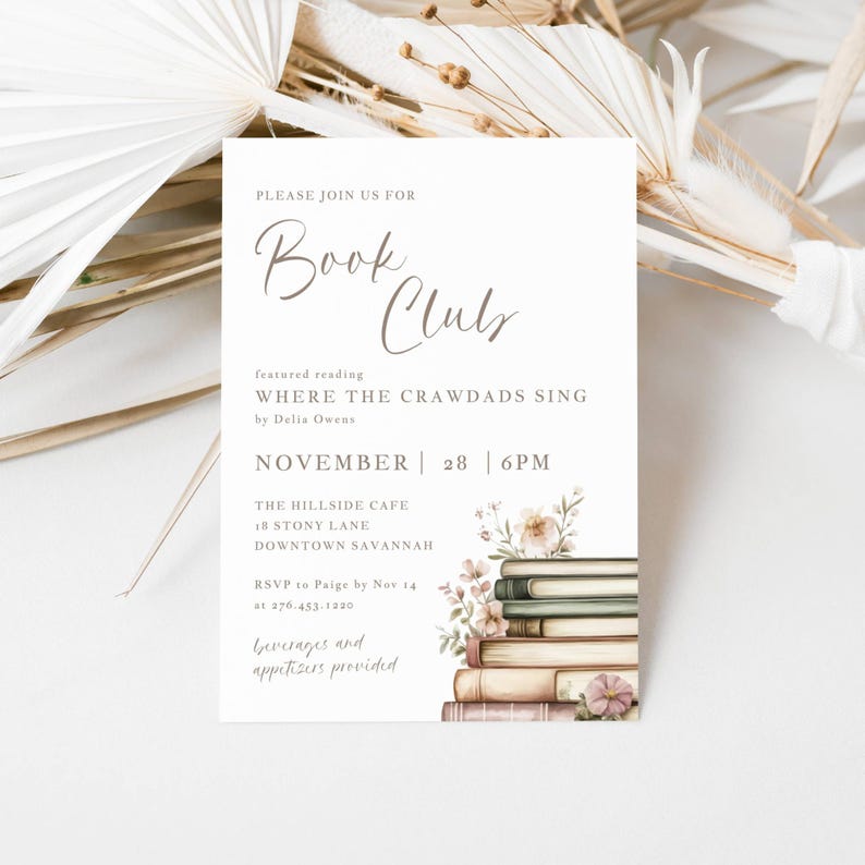 Book Club Invite Template, Cottagecore Invite Digital Book Club, Womens ...