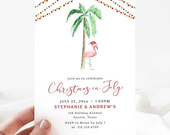 Christmas In July Pool Party Invite, Printable Invitations Christmas In July, July Christmas Invite Editable, Flamingo Party Invite, LLP117