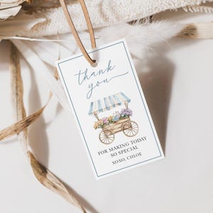 Aus dem Markt Favor Tag Blau, Blumen Warenkorb Favor Tag, Blau Markt Thema Brautdusche Favor, Geschenkanhänger frisch aus dem Markt Dusche, LLP240