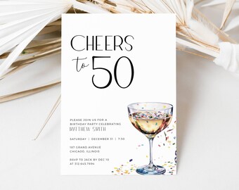 Cheers to 50 Years Editable Invitation, 50th Birthday Invite Editable Digital, Milestone Birthday Invite, Champagne Coupe 30th 40th, LLP199
