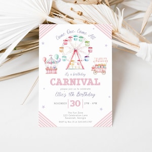 Pastel Carnival Invitation, Carnival Birthday Invite, Pink Birthday Invite Digital, Pastel Pink Girl Birthday Party, Circus Birthday, LLP175