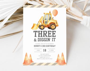 May include: A birthday invitation with a yellow watercolour digger and a balloon. The text reads "THREE & DIGGIN' IT" and includes party details for Henry's 3rd birthday, June 18th, 1-3 PM, with address and RSVP information.