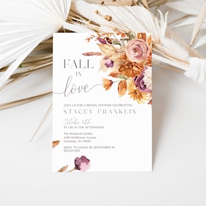 Fall In Love Bridal Shower Invitation Template, Editable Fall Bridal Shower Invite Floral, Boho Bridal Shower Invite Autumn Printable, LLP20