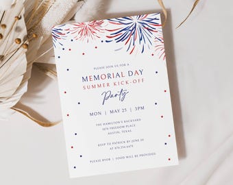 Memorial Day invite Editable Digital Template, Cookout Party Invitation Red White and Blue, Memorial Day BBQ Invite Printable, LLP81