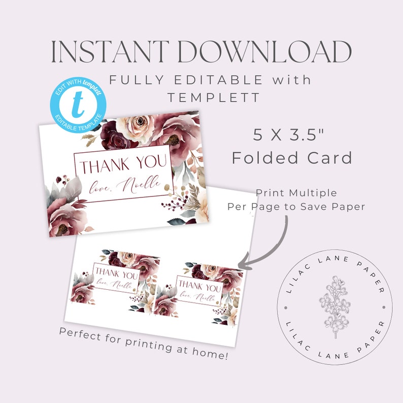 Thank You Card, Bridal Shower Thanks, Burgundy Bridal Shower, Winter Floral Thank You, Instant