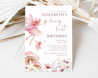 Puede incluir: Invitación a una fiesta de primer cumpleaños con temática de hadas, en rosa y blanco, con una ilustración de acuarela de un hada con una varita mágica y hongos. El texto dice "Elizabeth's Fairy First Birthday, September 7, 2PM-4PM, The Davidson's Home, 12 Fairy Dust Lane, Savannah, Georgia, RSVP to Maggie by Aug 20, 320.645.1787".