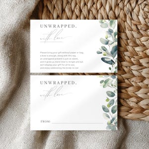 Unwrapped Gifts Shower Insert Card, No Wrapping Please, Eucalyptus Display Shower Card, Enclosure Card Shower Unwrapped Presents, LLP70