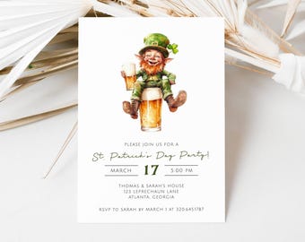 St. Patrick's Day Party, St. Paddy's Day Invite Editable Template, Irish Party Leprechaun Shamrock Invitation Digital, Adult Party, LLP200
