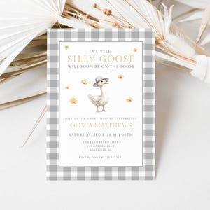 Neutral Gingham Goose Invite, Silly Goose Gingham Baby, Baby Shower Invite Goose, Gender Neutral Digital Invite Editable Template, LLP226