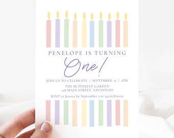May include: A colorful birthday invitation with a row of pastel candles and the text "PENELOPE IS TURNING One!"  Join us to celebrate | September 12 | 2PM The Butterfly Garden 128 Main Street, Savannah RSVP to Jessica by September 2 at 345.678.9103