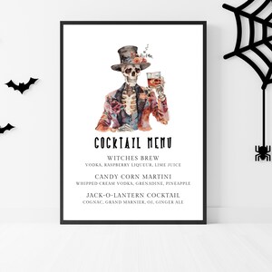 Halloween Drink Menu Sign Template. Skeleton Wearing Tuxedo and Top Hat drinking bourbon. Black Fonts. White Background. 5x7, 8x10