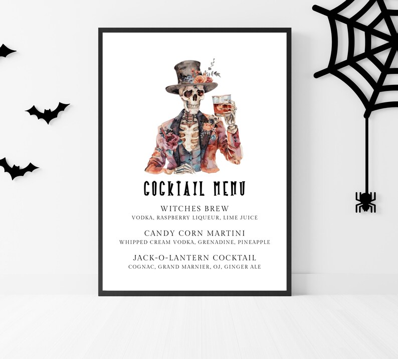 Halloween Drink Menu Sign Template. Skeleton Wearing Tuxedo and Top Hat drinking bourbon. Black Fonts. White Background. 5x7, 8x10