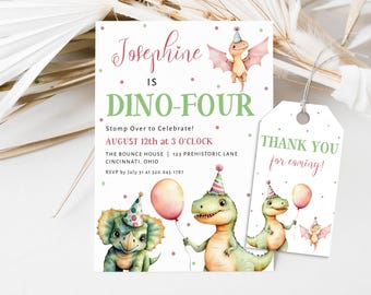 Modelo de aniversário de quatro dinossauros, convite digital para o 4º aniversário de dinossauros, aniversário de 4 dinossauros rosa, 4ª aniversariante de dinossauros, Stomp on Over LLP160