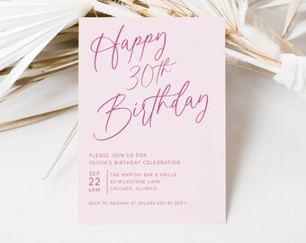 Invitación de cumpleaños número 30 en rosa, invitación de cumpleaños rosa digital, invitaciones para cenar por el 30.° cumpleaños, invitación editable e imprimible para el 30.° cumpleaños, hito, LLP119