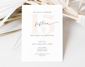 15th Birthday Invite Minimal, Teenager Birthday Party Invitation Beige, Fifteen Birthday Invite Editable Digital Template, LLP191