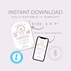 Pastel Carnival Birthday Invitation. Ferris Wheel, Carnival Stands. Pink and Purple Fonts. White background. Print or send digitally. 5x7