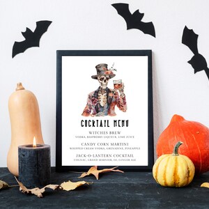 Halloween Drink Menu Sign Template. Skeleton Wearing Tuxedo and Top Hat drinking bourbon. Black Fonts. White Background. 5x7, 8x10
