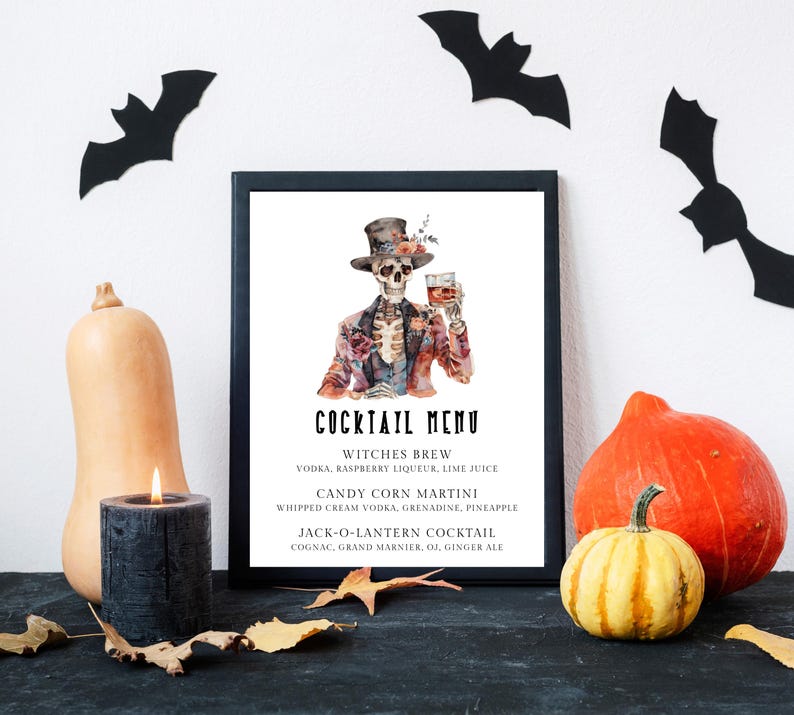 Halloween Drink Menu Sign Template. Skeleton Wearing Tuxedo and Top Hat drinking bourbon. Black Fonts. White Background. 5x7, 8x10