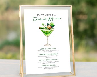 St Patricks Day Menu Template, Signature Drinks St Paddys Day, Editable Bar Menu Tipsy Leprechaun, Drink Menu Printable Martini Green LLP200