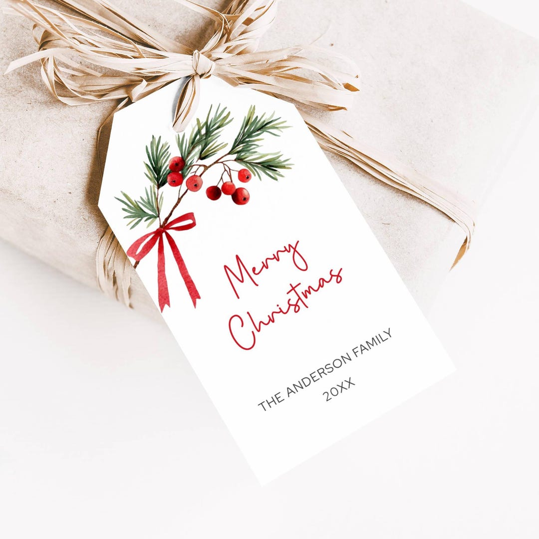 Red Bow Holiday Gift Tag Template, Personalized Christmas Tag ...