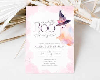 Little Boo dreht zwei ein, Halloween 2. Geburtstagsvorlage, zweite Geburtstagsfeier Pink Girl, digital bearbeitbares druckbares, LLP122