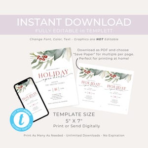 Holiday Open House Party Invitation. Watercolor Christmas Greenery and Berries. Red and Black Fonts. White Background. Print or Send Digitally. 5x7
