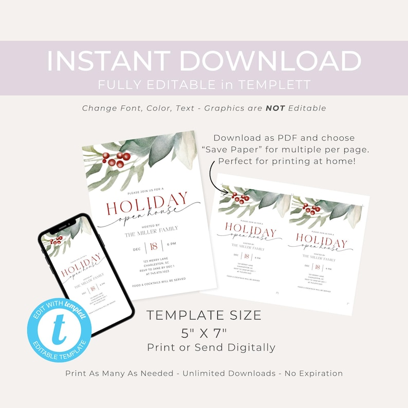 Holiday Open House Party Invitation. Watercolor Christmas Greenery and Berries. Red and Black Fonts. White Background. Print or Send Digitally. 5x7